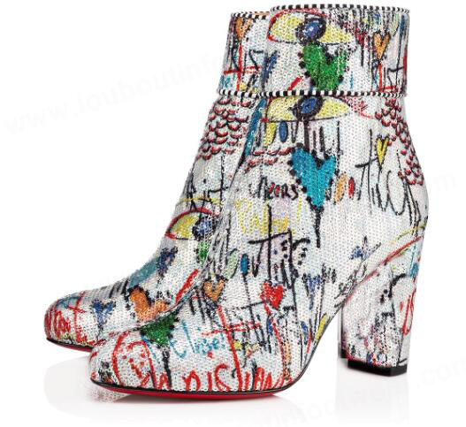 

Elegant Moulamax Women's Ankle Boot Chunky Heel Graffiti Leather Red Bottom Boots Top Quality Ladies Famous Red Sole Booties, Original box;dust bag