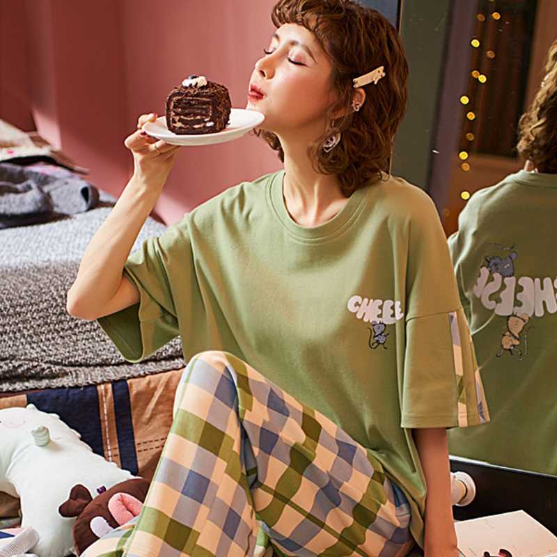

2020 New Fashion Women Pajamas Color Printed Summer Short-Sleeved Cute Homewear Cartoon Casual Cotton Sleepwear Femme Homewear, 10