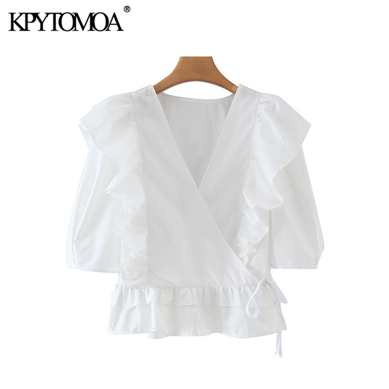 

KPYTOMOA Women 2020 Sweet Fashion Ruffled White Blouses Vintage V Neck Short Sleeve Side Tied Female Shirts Blusas Chic Tops, As picture
