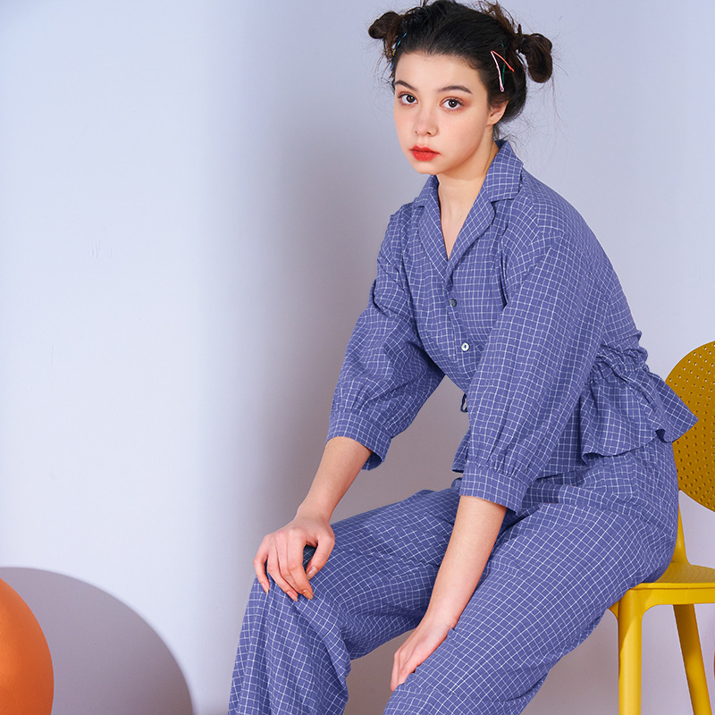 

Female Spring New Thin V-neck Pajamas Fashion Plaid Printing Sleepwear Cotton Three Quarter 2 Piece Women Wear Home Clothes, Blue