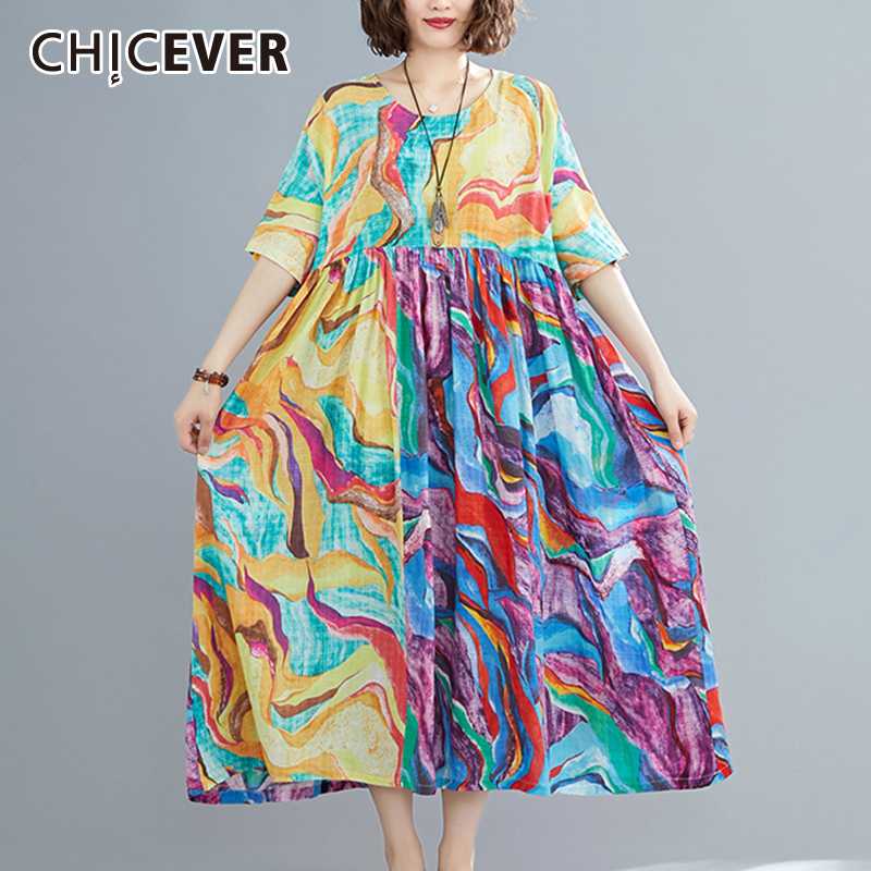 

CHICEVER Vintage Print Hit Color Dress Women O Neck Short Sleeve High Waist Oversize Loose Casual Midi Dresses Female 2020 New, As picture