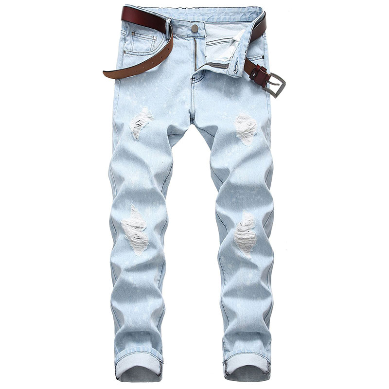 

Men Casual jeans Denim Pants Painted Knees Holes No elasticity Ripped Distressed Bleached Fashionable High Quality, T-507-1 deep blue