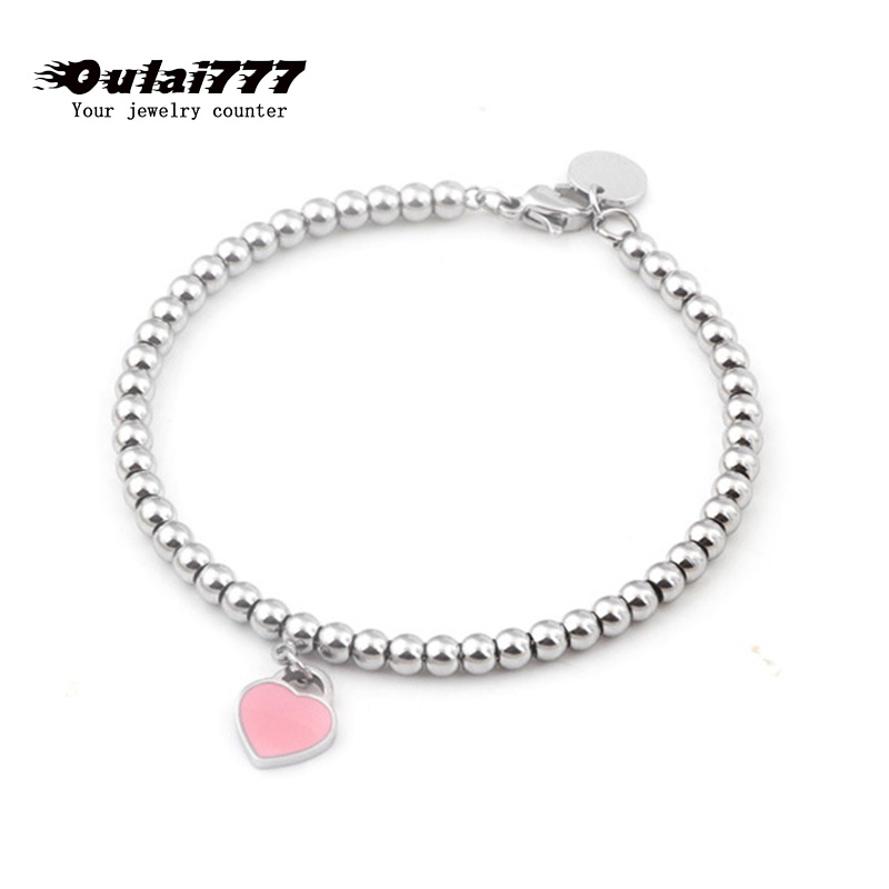 

beads heart bracelet woman stainless steel chain Pink heart bracelets silver charm bracelet jewelry gifts for woman accessories