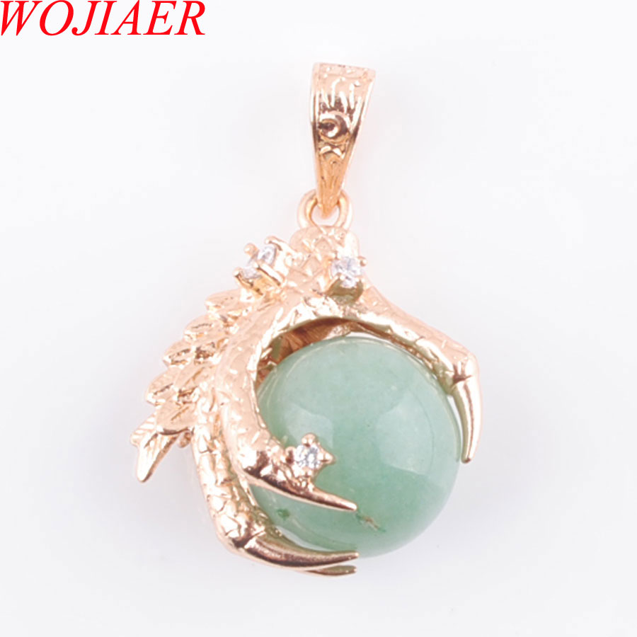 WOJIAER Natural Green Aventurine Stone Bead Dragon Claw Gold Pendant & Necklace Round Gem Jewelry N3101-image-740908663