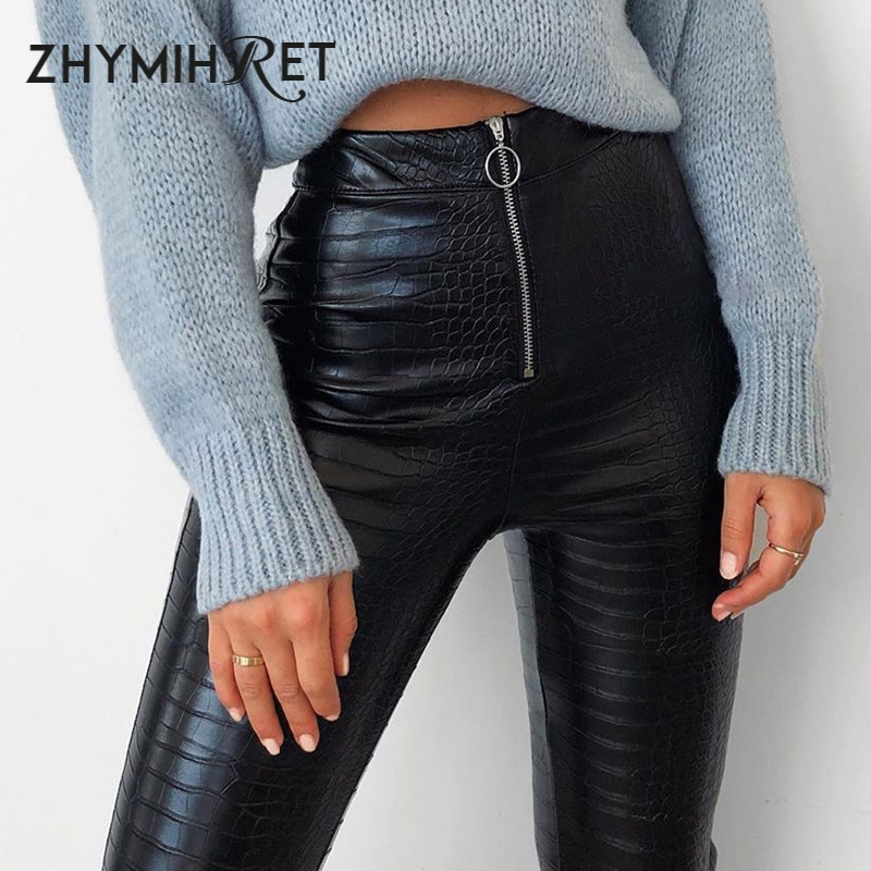

ZHYMIHRET 2020 Spring Zipper Front Pattern PU Leather Pencil Pants Skinny Tousers Women High Waist Pantalones, Black