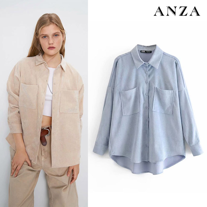 

ANZA Women Summer Blouse with Turn-down Collar Pocket Corduroy Blouse Top High Street Fashion Oversize Top Blue Casual Loose