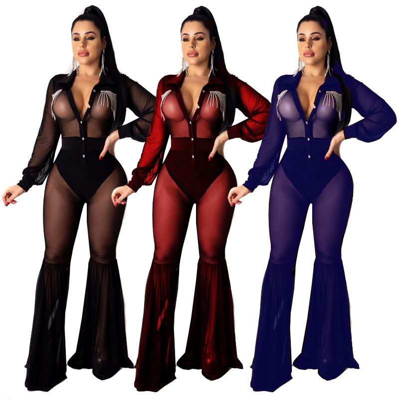 

2020 Women Sexy Perspective jumpsuit Evening Party Rhinestone Flares Pants Rompers Elegant Office Lady V-neck Flares Pants, Red