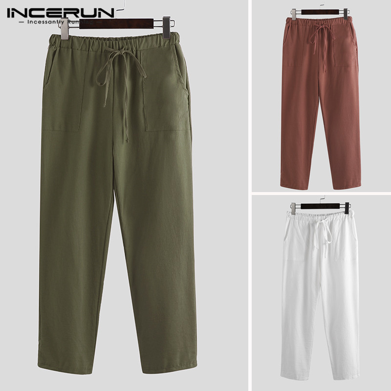 

INCERUN Casual Pants Men Streetwear Solid Color Loose Drawstring Cotton Long Trousers Men Joggers Vintage Male Sweatpants 2019, White pants