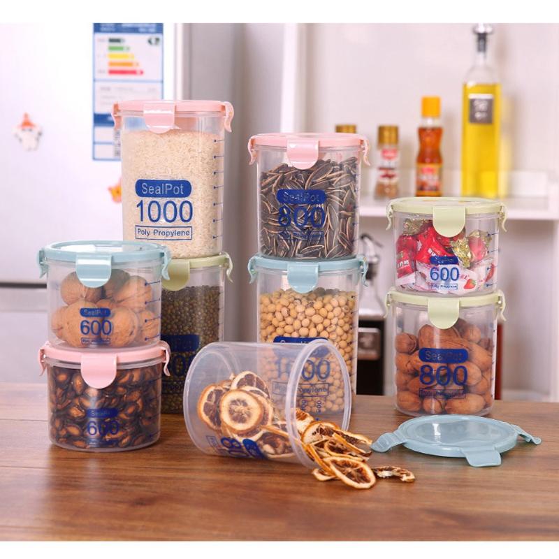 

Plastic Sealed Kitchen Storage Box Clear Transparent Canister Keep Fresh Jar Bottles Dried Grains Tank#W