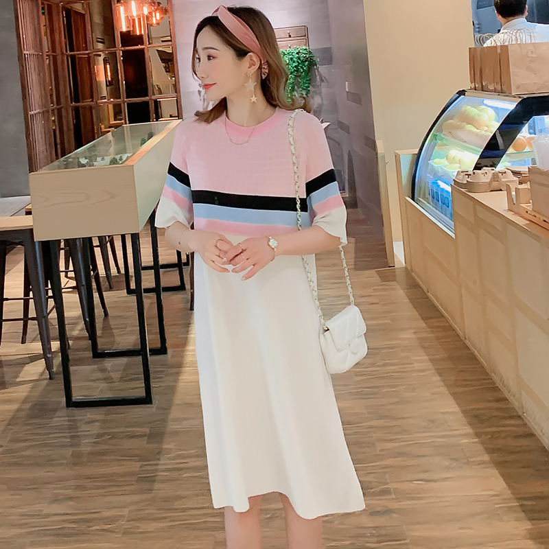 

2020 Summer Pregnant Women Knitting Dress Short Sleeve O-Neck Plaid Patchwork Striped Maternity A-Line Dress Loose Cotton, Pink