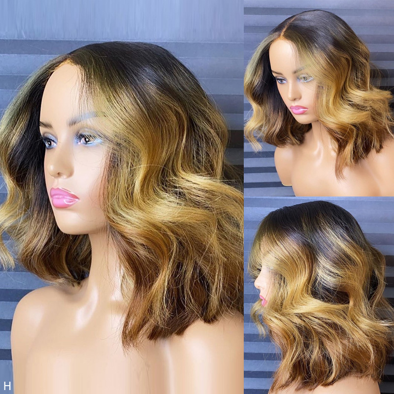 

Ombre Blond Lace Front Human Hair Wigs For Black Women 1B/27 Colored Brazilian Remy Pre Plucked 250% 13x4 Wavy Bob Wig, T1/27