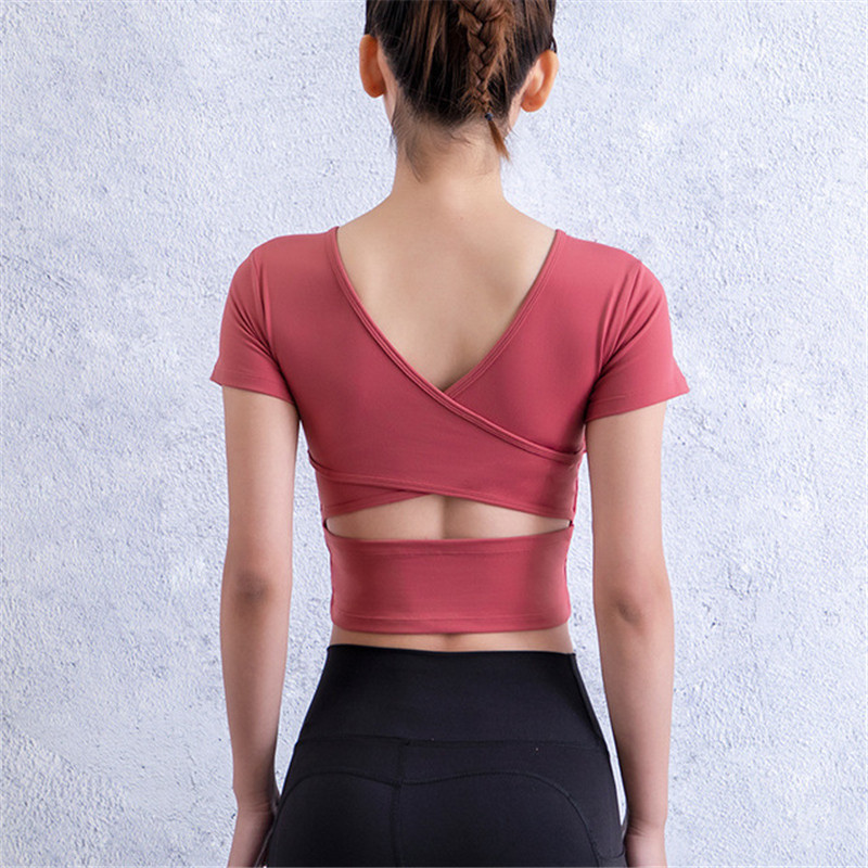 

Yoga Shirt Cross Back Running Sports Shirt Push-up Sports T-shirt Gym Quick-drying T-shirt Short Sleeve Crop Top Women Yoga Shir, Black