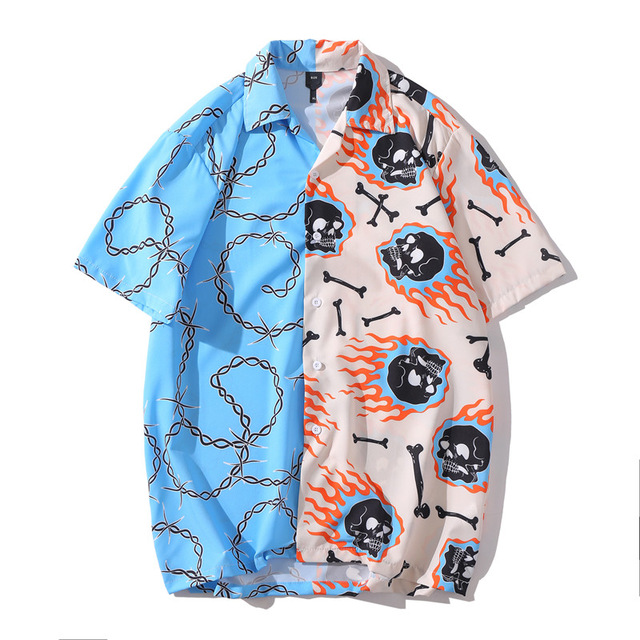 

Skull Full Patchwork Hip Hop Shirts Shirt 2020 Summer Hawaiian Shirts For Man Short Sleeve, Blue