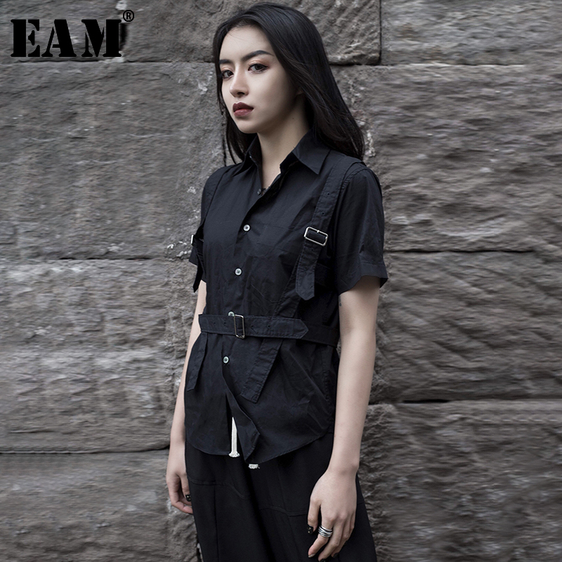 

EAM] Women Black Buckle Split Jont Temperament Blouse New Lapel Short Sleeve Loose Fit Shirt Fashion Spring Autumn 2020 JU425