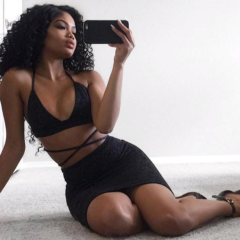 

Sexy Women Cami Two 2 Piece Set Halter Strap Crop Top Bandage Bralette Bodycon Midi Skirt Set Party Club Outfit Ensemble Femme, Army green