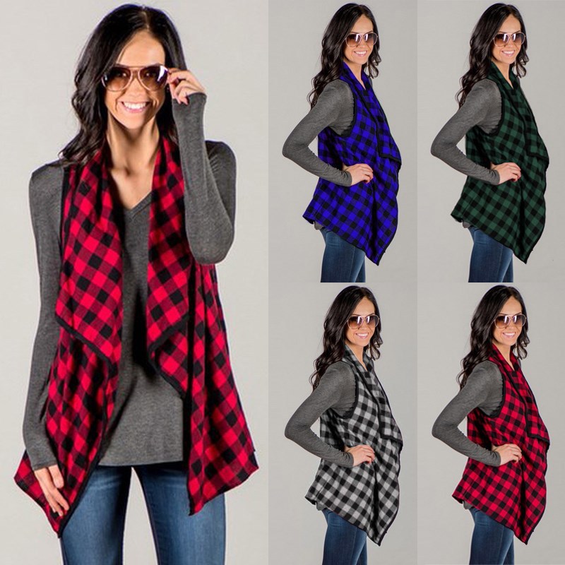 2019 Vente chaude femmes Ladies plaids Vestes Vestes sans manches Mode Printemps Automne Lapel manteau mince chemises à carreaux Outwear Hauts gr