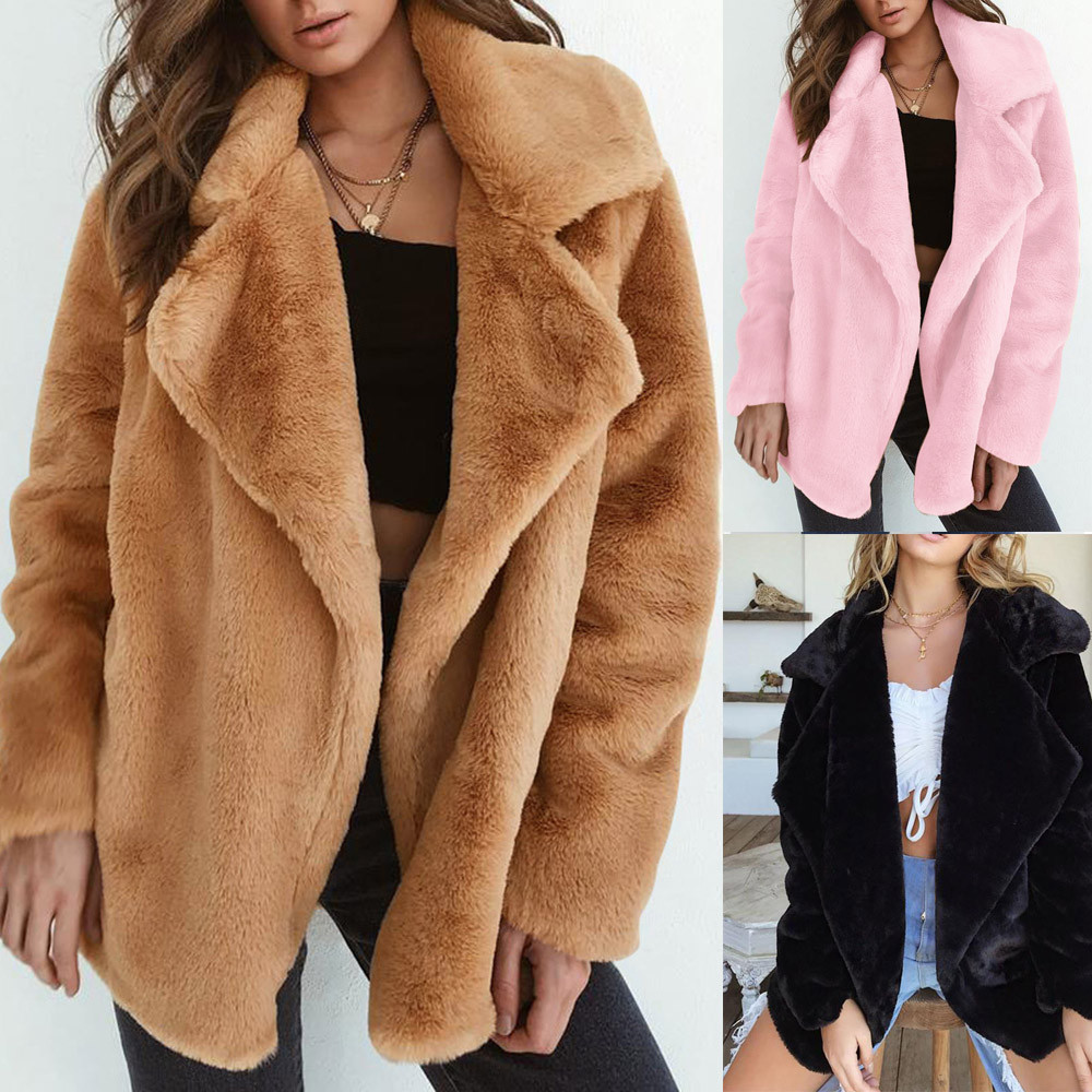 

Women Winter Coat Keep Warm Outerwear Loose Big Collar Fur Coat, Black