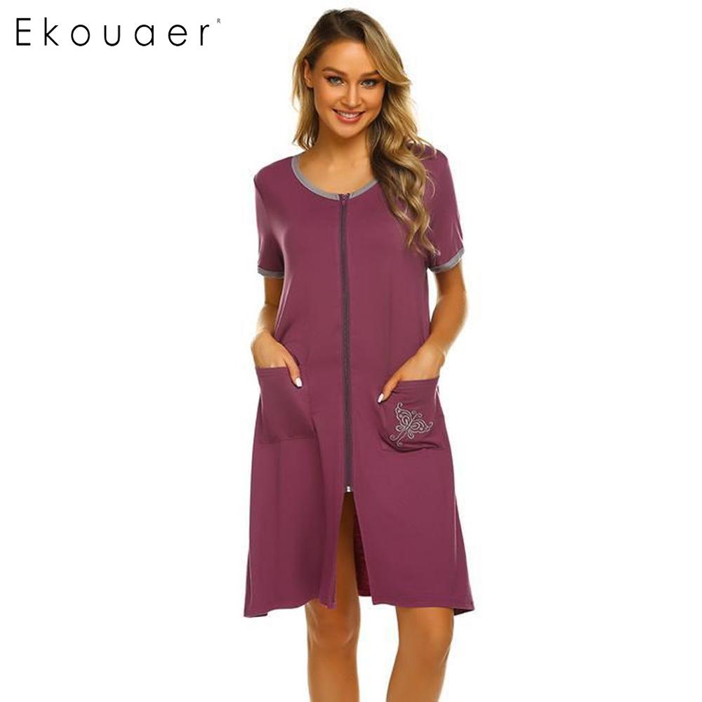 

Ekouaer Women Chemise Cotton Nightgown O-Neck Short Sleeve Front Zipper Loose Nightdress Female Sleepshirts Home Dress, Black