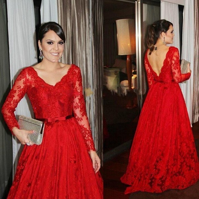 

Red Lace Applique Mother Of The Bride Dresses with Belt 2020 V-neck Backless Illusion Long Sleeve Plus Size Mother's Occasion Dress