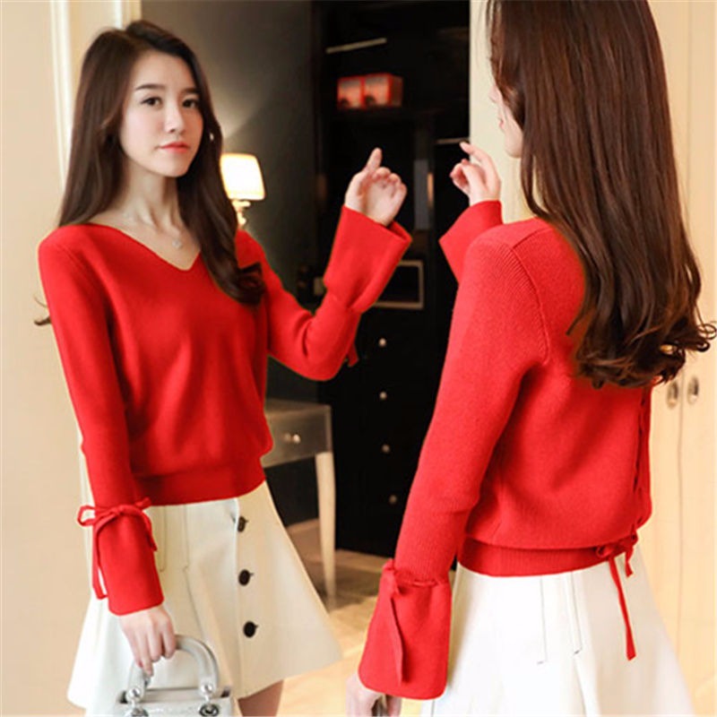 

Women' Lace Sweater 2020 Autumn Winter Loose Casual Long Sleeve Pullover V-Neck Bow Personalized Design Flare Sleeve Sweater, Black