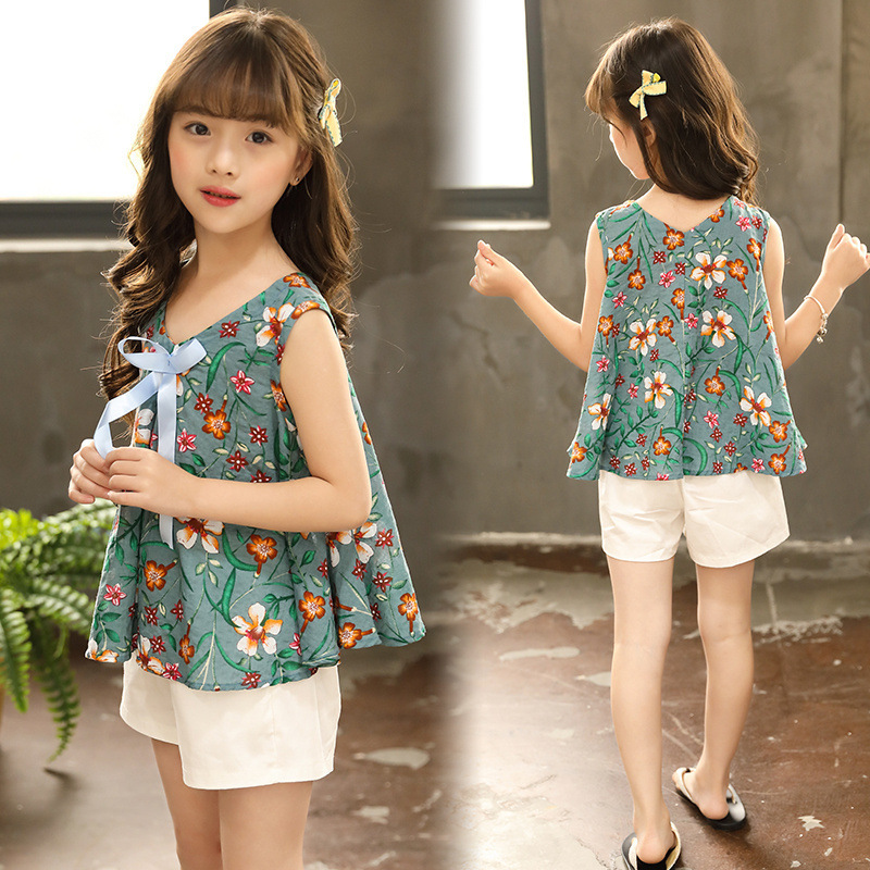 

Summer Clothes For Girls Floral Pattern Vest Solid Shorts Girls Set Teenage Large Kids Clothes For 6 8 10 12 14 year, As picture
