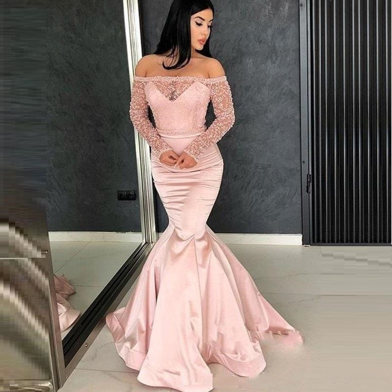 

Rose Pink Off Shoulder Mermaid Prom Dresses 2020 Party Gowns with Beadings Long Sleeves Sweep Train Formal Evening Dresses, Sage