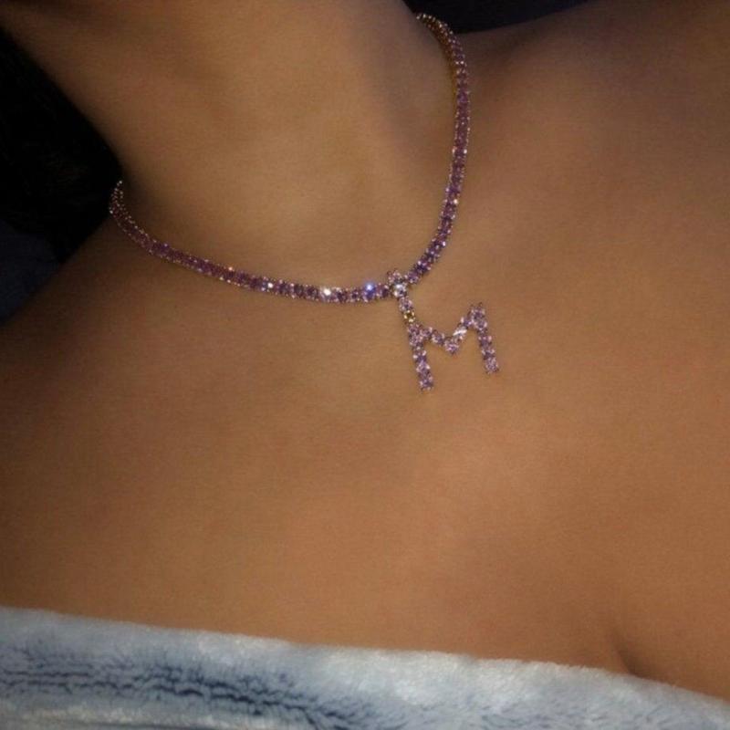 

2020 hip hop Men women pink cz jewelry iced out cubic zirconia 5mm cz tennis chain Bubble Letter Alphabet Charm pendant necklace