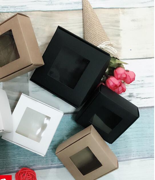 

50pcs 4 sizes folding small black kraft paper box with pvc window gift Soap Jewelry packaging party cookies baking candy box