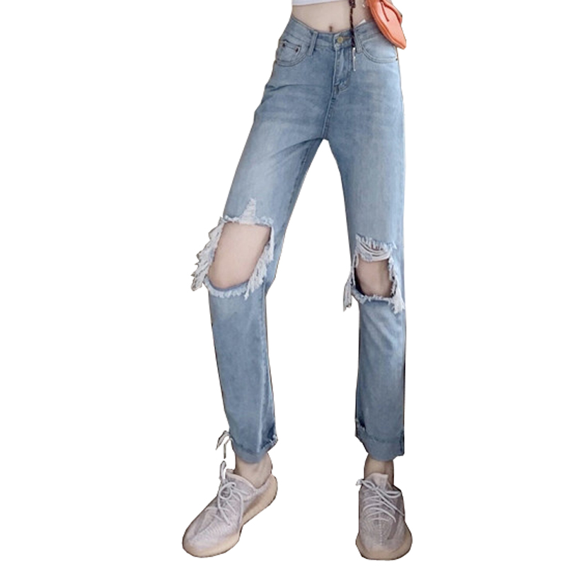 

Fashion New Women Jeans with Holes High Waist Cotton Jeans for Girls, Blue