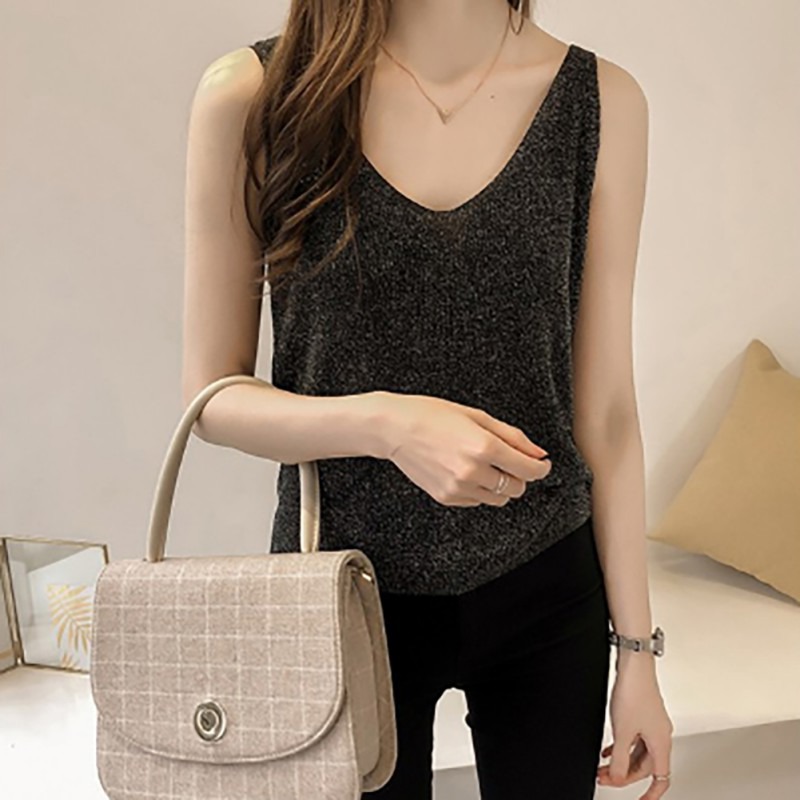 

New Arrival Women's Sequined Solid Color Tank Top Summer V Neck Glitter Sleeveless Top Loose Casual Ice Silk Knitted Sling Vest, Gray