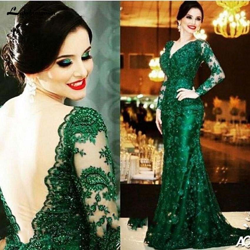 Elegant Emerald Green Lace Mother of the Bride Dresses evening gowns deep V Neck Long Sleeves Open Backless Mermaid Court Train Formal Gowns