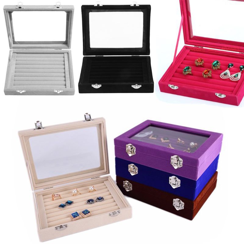 

Velvet Glass Ring Earring Jewelry Display Organizer Box Tray Holder Storage Case