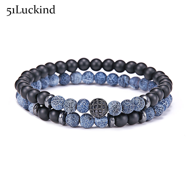 

2 Pcs/Set Natural Stone Beads Bracelet CZ Paved Disco Ball Couple Braclet For Male Biker Jewelry Accessories Homme