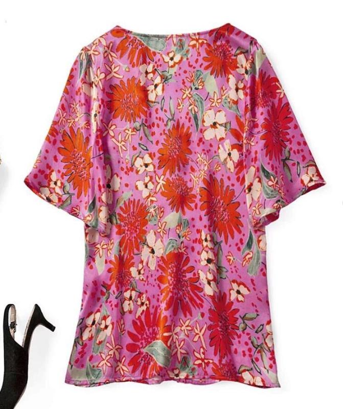 

Women Shirt 2020 Silk Bright Flower Print V-neck Shirt, Red