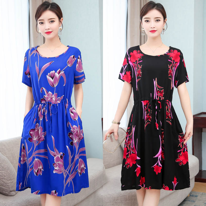 

Wholesale women's summer long middle-aged and elderly short-sleeved large size loose cotton silk skirt was thin floral dress, 1#