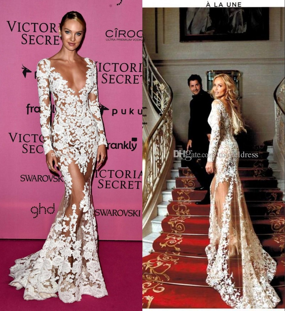 

Zuhair Murad 2019 Sheer Lace Evening Dresses Long Sleeves V Neck Appliques Long CANDICE SWANEPOEL Wears Illusion Prom Celebrity Party Gowns, White
