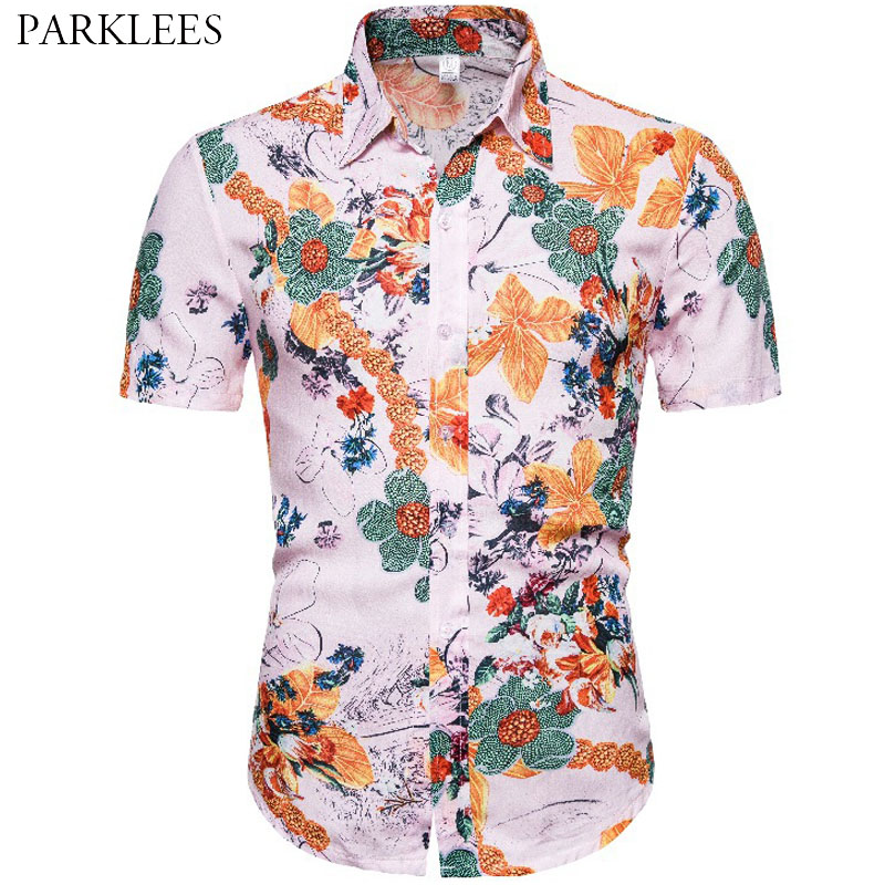 

Floral Printed Hawaiian Mens Shirt 2020 Beach Holiday Summer Shirts for Men Casual Slim Fit Button Down Vintage Chemise Homme, As picture show