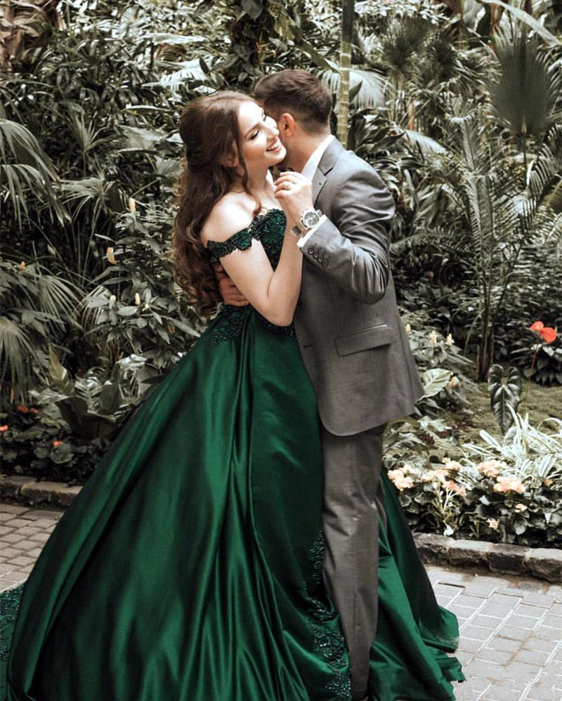 Dark Green Prom Dresses Off Shoulder Appliques Lace Satin A Line Floor Length Long Formal Evening Party Gowns Plus Size Robe De Soiree