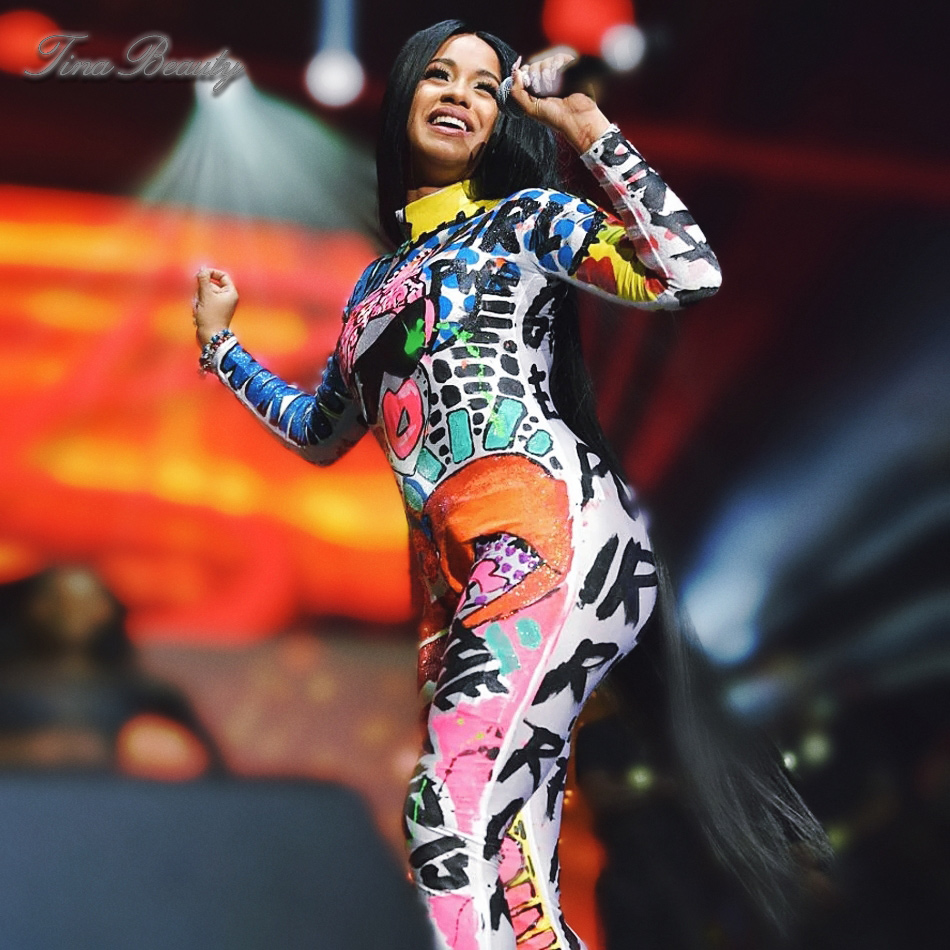 

Tina Beauty Celebrity Skinny Cardi B High Neck Long Sleeve Graffiti Jumpsuit Silky High Quality Rompers Womens Jumpsuits, As pic
