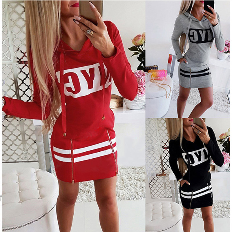 

Casual Dresses Autumn Winter Sexy Letter Printed Mini Hoodies Dress Fashion Zipper Split Long Sleeve Package Hip Slim Ladies, Mlt-3410-gray