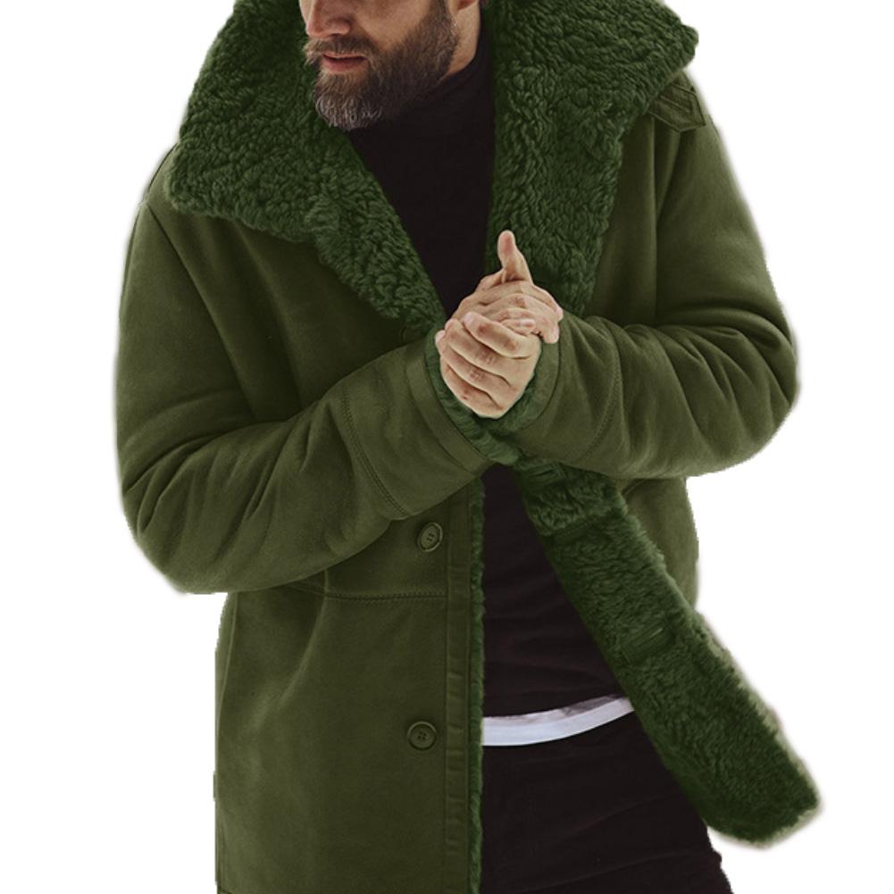 

Men Winter Solid Color Lapel Collar Pocket Single-breasted Thickened Warm Coat Single-breasted Thickened Warm Cotton Men's Coat, Black