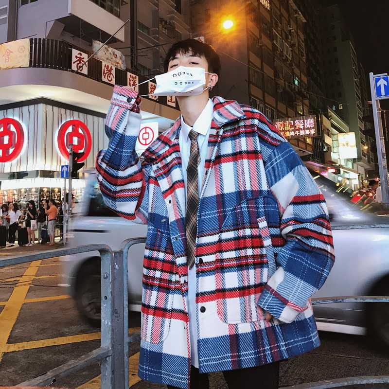 

2020 Winter Men's Lattice Printing Worsted Wool Blends Snow Jacket Overcoat Loose Cashmere Cotton-padded Clothes Coat Size S-XL