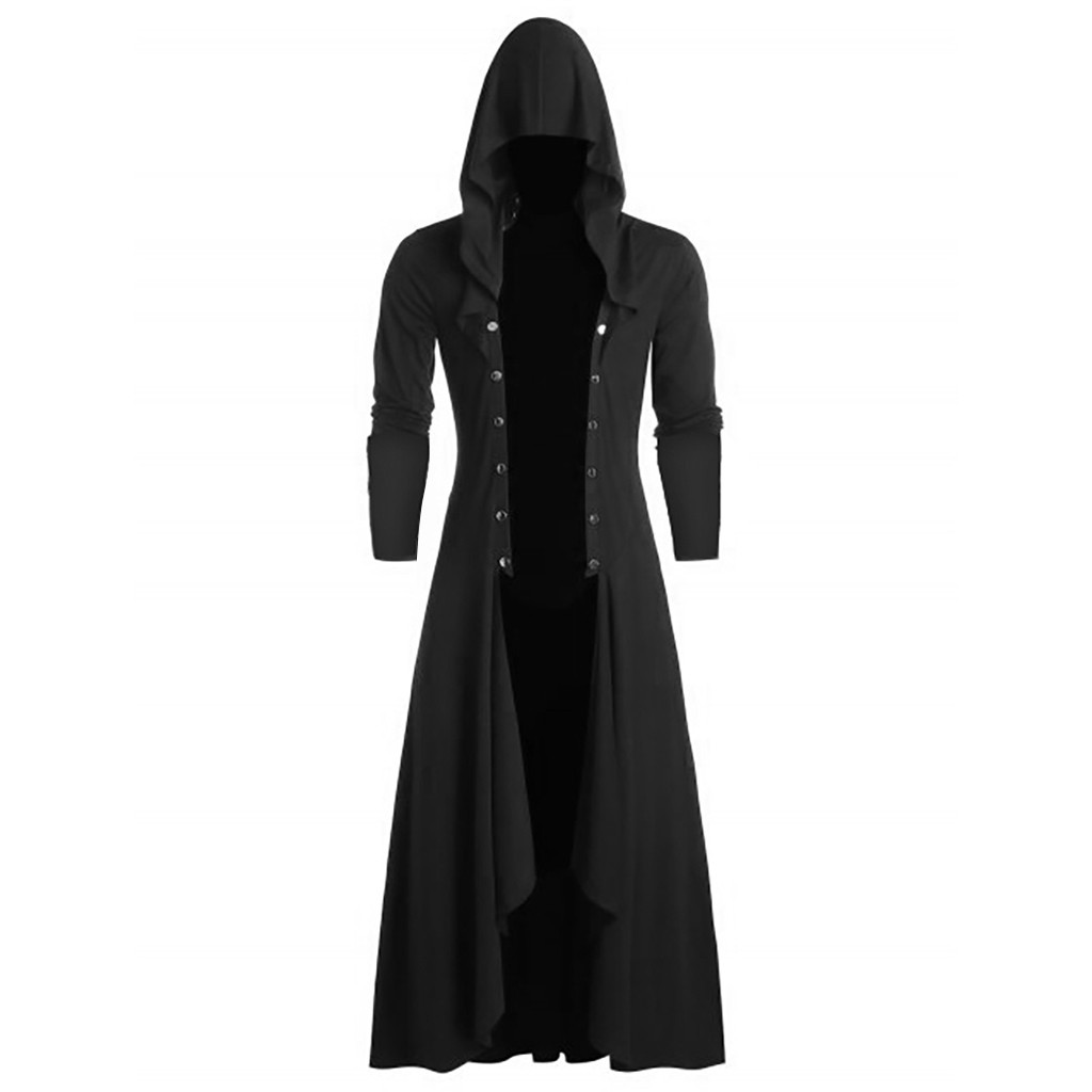 

Nice Autumn Men Punk Style Jackets Gothic Hooded Trench Cape Cloak Coat Long Sleeved Vintage Long Uniform Button Coat Male, Black