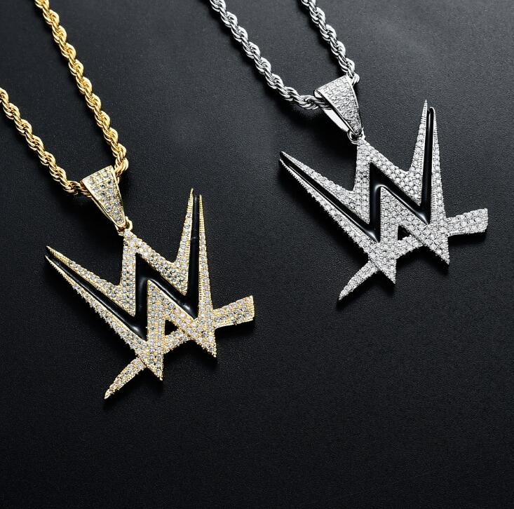 

Iced Out W creative letter Pendant With Tennis Chain Bling Hip Hop Gold Silver Color Mens/Women Charm Chain Jewelry New