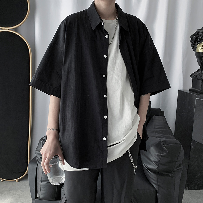 

Men Button Up T Shirt Summer Cargo Work Tshirt Short Sleeve Korean Style Harajuku Clothes Male Top Black White Loose Casual
