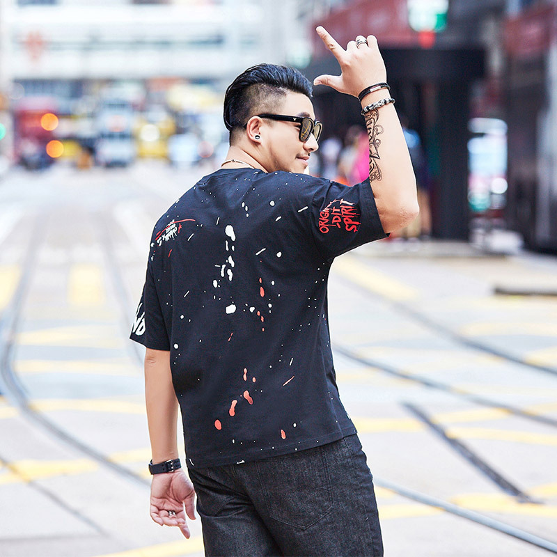 

Top Selling Product In 2020 Plus Size Men's Tide Fat Short-sleeved T-shirt Men Increase Trend Loose Half-sleeved Printed Top, Black