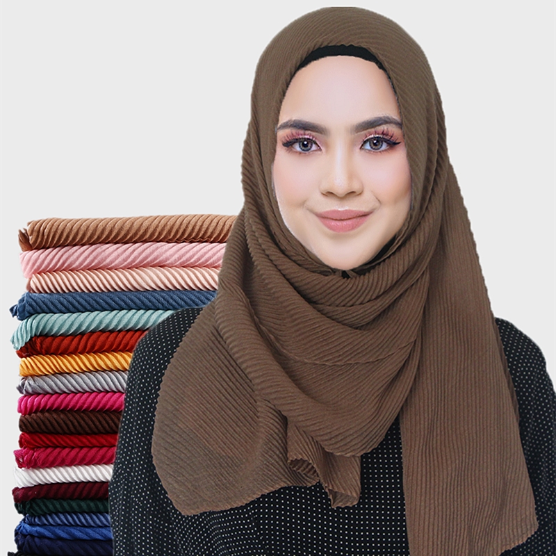 

New Women Pleated Cotton Hijabs Scarf Plain Wrinkle Crinkle Crimp Shawl Wraps Stole Muffler Muslim Hijab Headscarf
