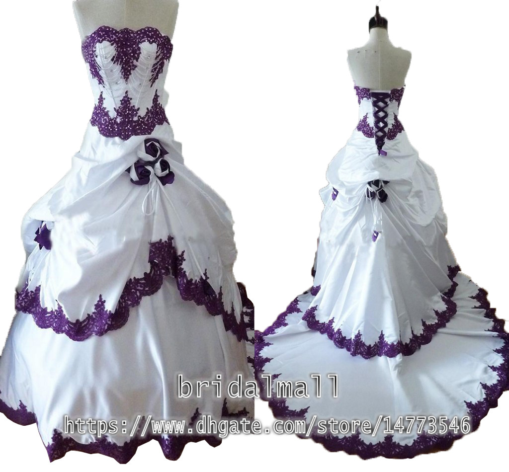 

Arabic 2020 Purple and white Gothic Wedding Dresses With hand made Flowers Ruffles Taffeta Long Bridal Dresses Lace Up Back Wedding Gowns, Champagne