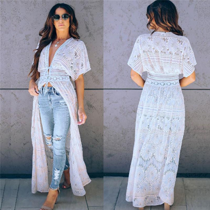 

Hollow Out Lace Beach Cover Up Women Kimono Elegant Deep V-Neck Short Sleeve High Waist Front Open Long Beach Dress Lace Tunic