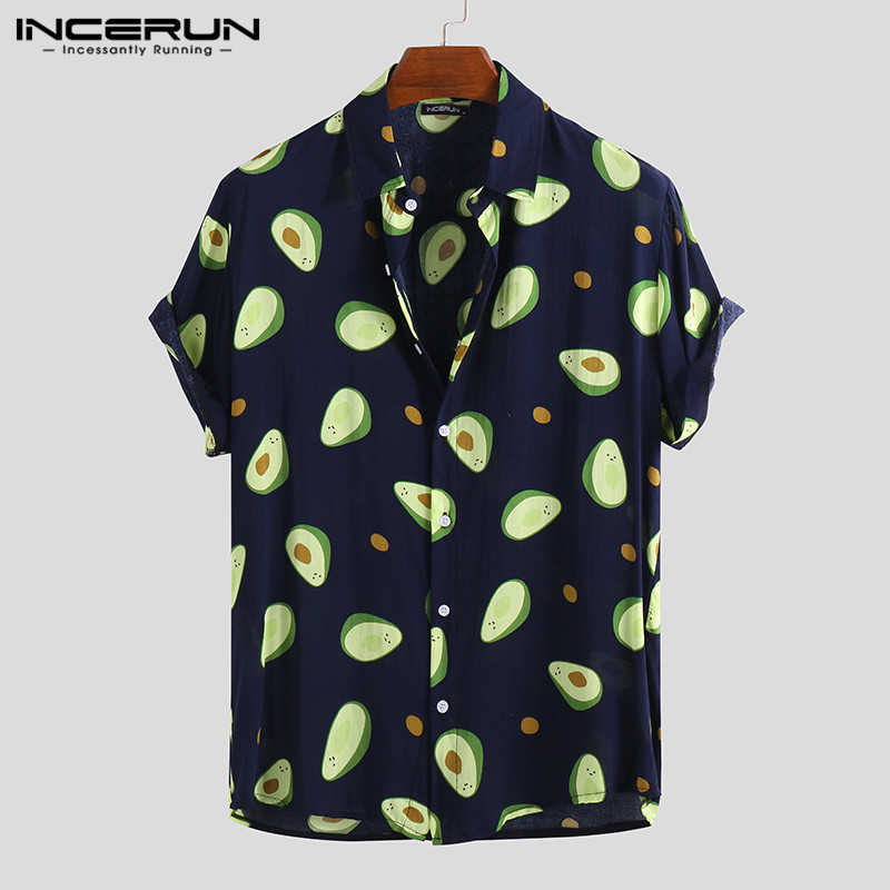 

INCERUN Summer 2019 Fashion Hawaiian Men's Print Lapel Shirt Casual Holiday Avocado Streetwear Personality Camisa Masculina 5XL, White;black
